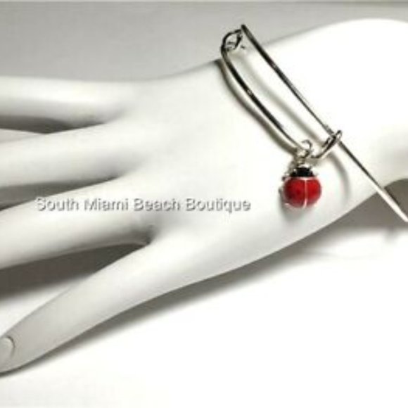 Ladybug Charm Bracelet Lady Bug Red Enamel Wire Adjustable Silver Plated - Picture 5 of 10